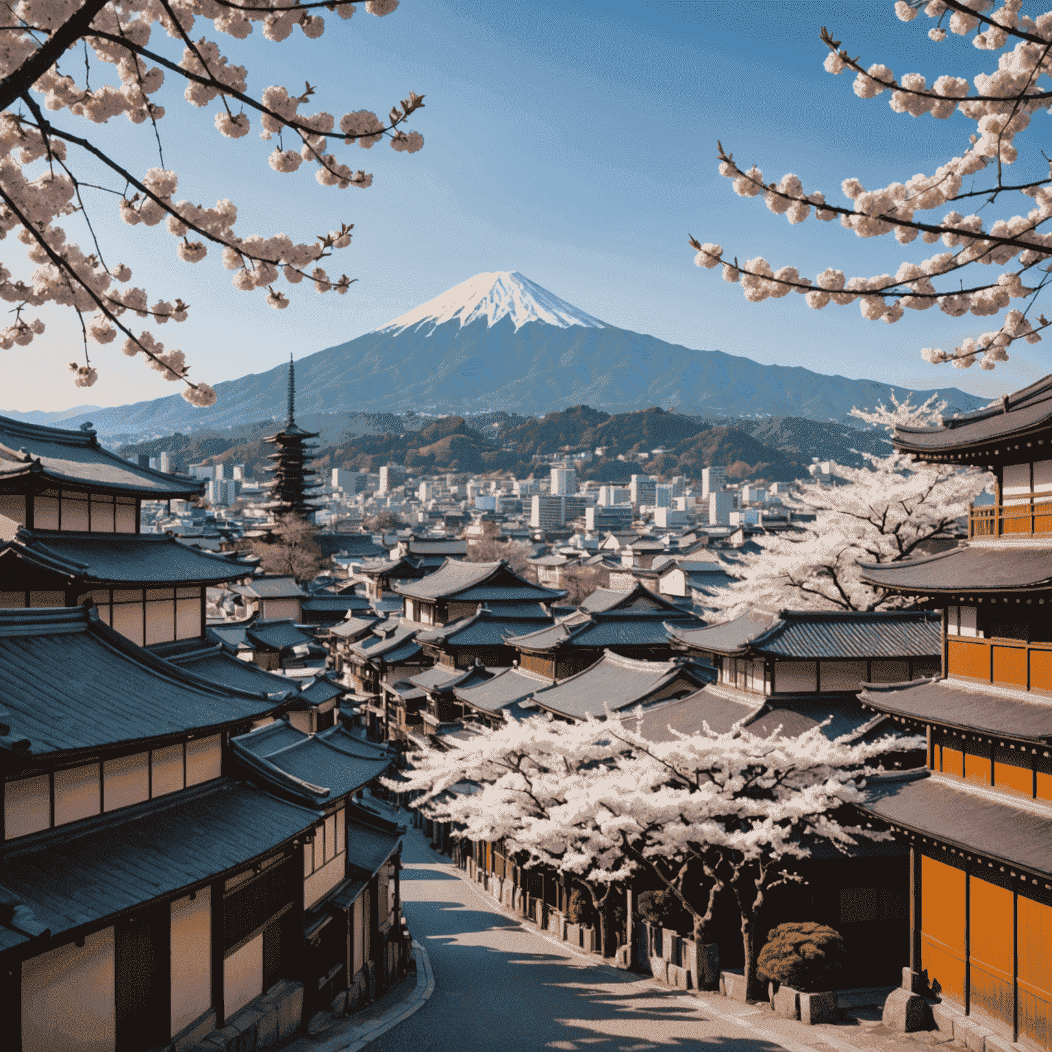 京都の古い町並みと現代的な建物が共存する風景。桜の木々が咲き誇り、遠くに山々が見える。