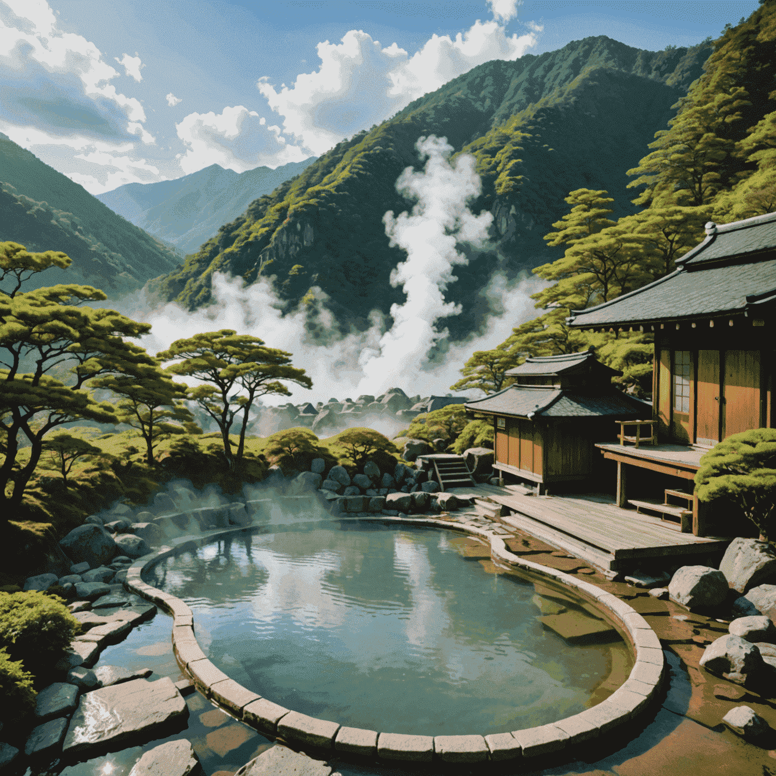 日本の美しい温泉風景。山々に囲まれた露天風呂と、湯気が立ち上る温泉の様子