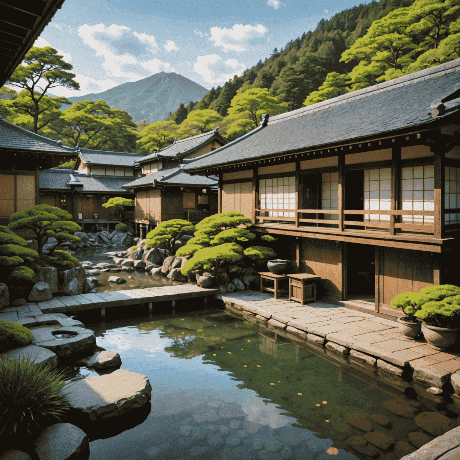 日本の美しい温泉地の風景。露天風呂、和風の旅館、周囲の自然の景色が調和した画像。温泉巡りの魅力を表現。