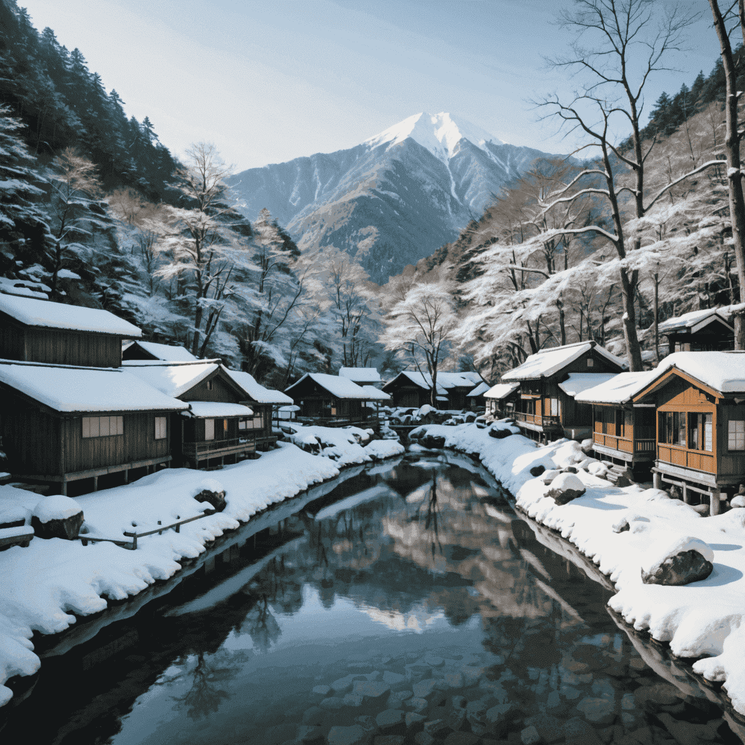 白骨温泉の白濁した湯。周囲に雪をかぶった山々が見える冬の風景