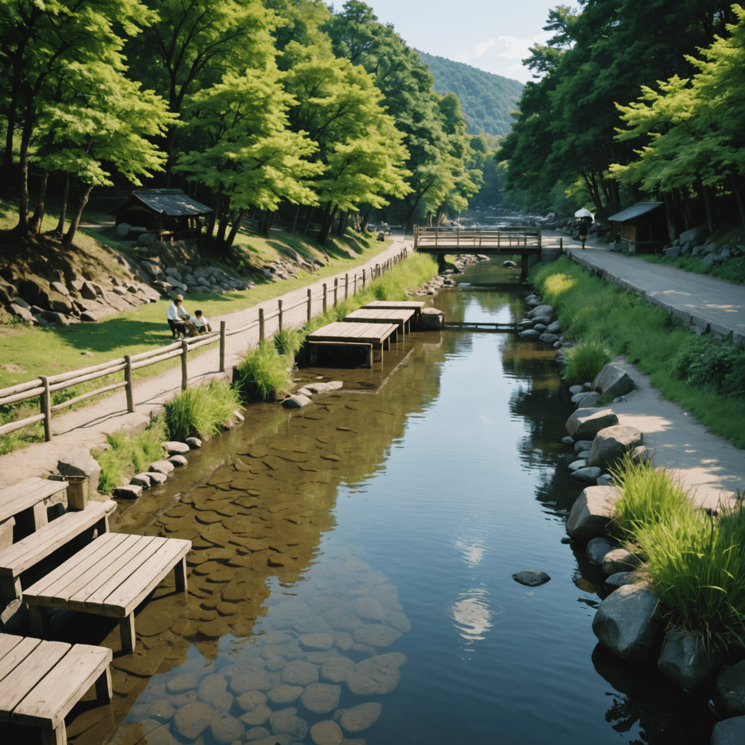 鴨川沿いの足湯。木製のベンチと清流の景色が見える。