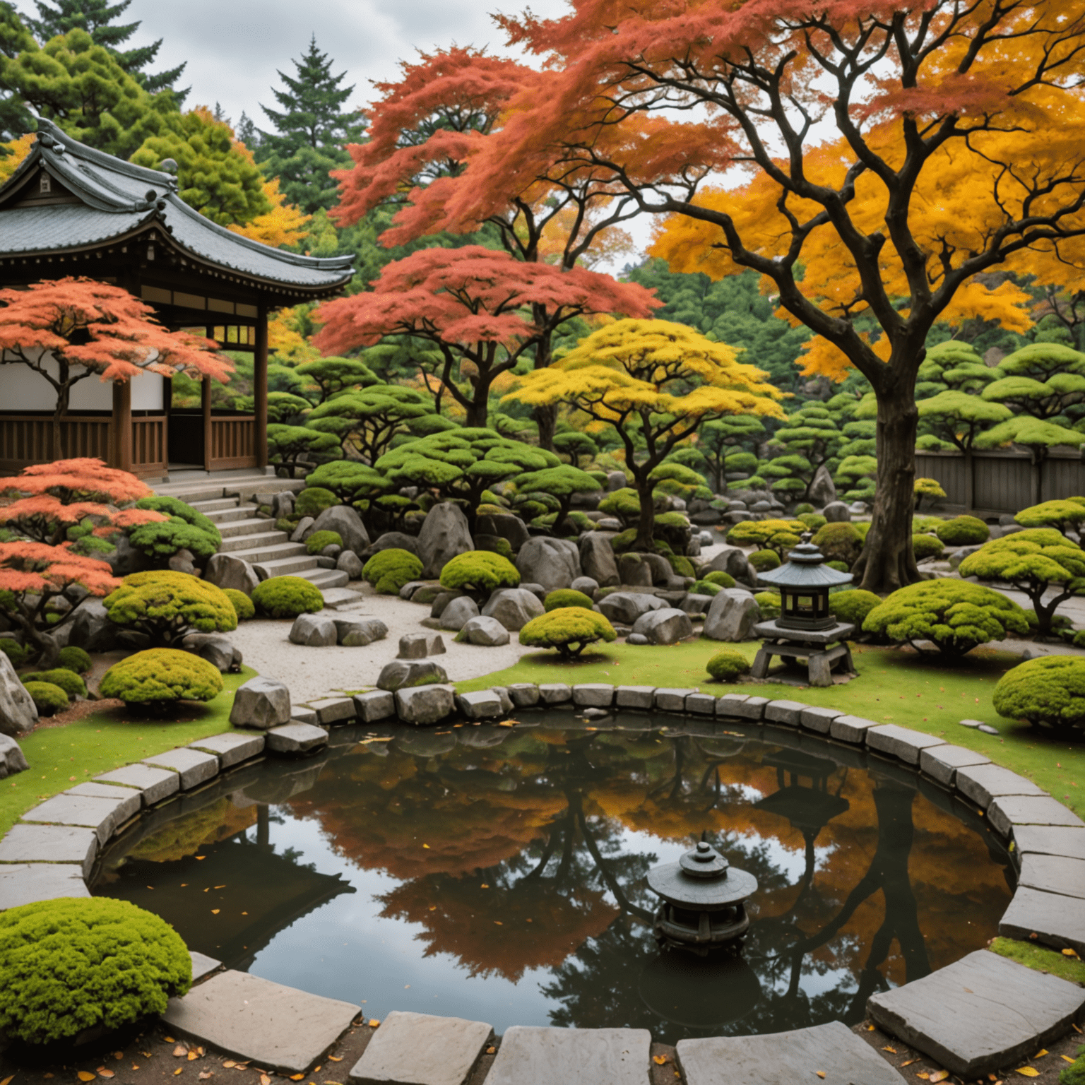 小さな日本庭園の全景。石灯籠、池、紅葉した木々が美しく配置されている。